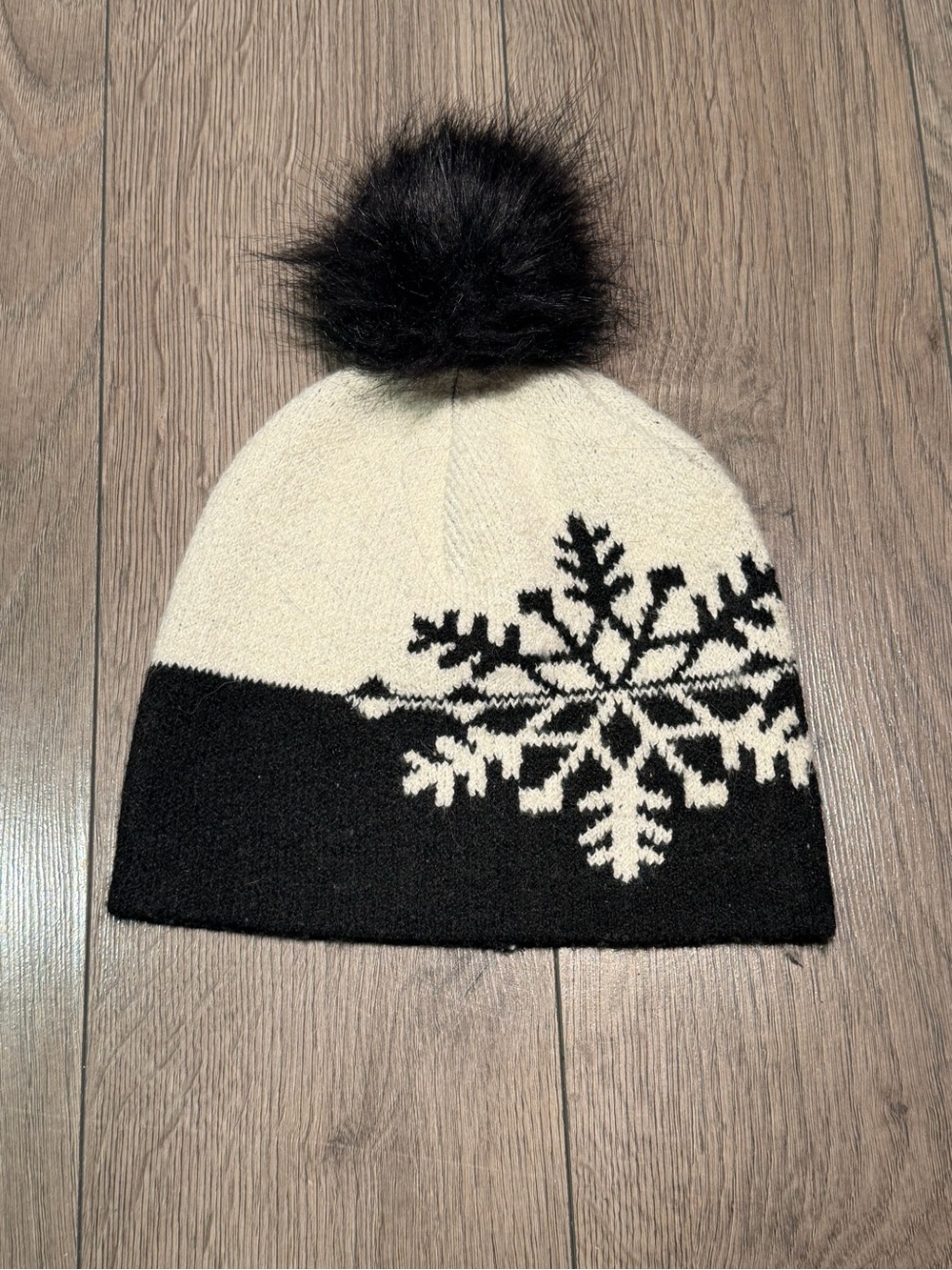 Kids Cream & Black Snowflake Pom Pom Beanie